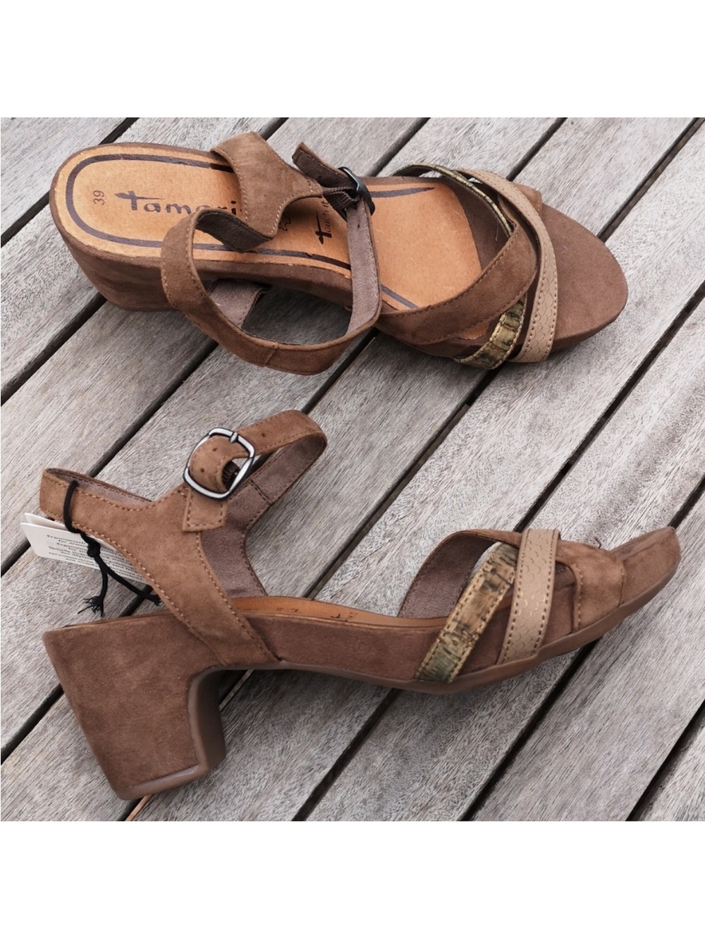 Tamaris Brown Suede Block Heel Sandals with Metallic Accent
